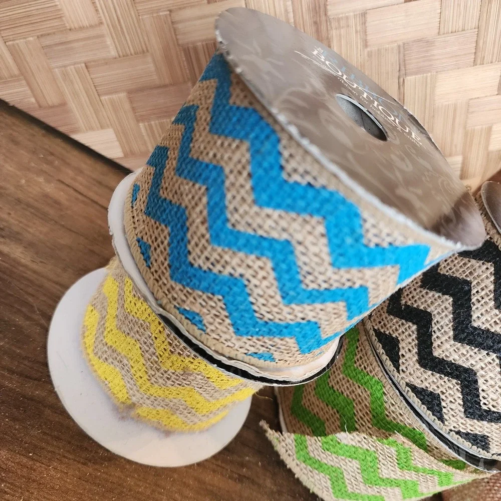 Lot of 6 Assorted Jute Ribbon Burlap Ribbon Chevron Red Green Yellow‎ Blue Black